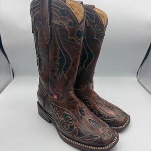 Big Bull Brown Leather Western Cowboy Boots Square Toe Teal Inlay Embroidery 7.5